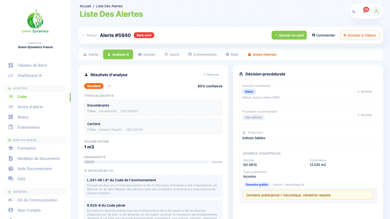 Analyse Clean4AI d'une alerte avec typologie des déchets, volume estimé et décision procédurale
