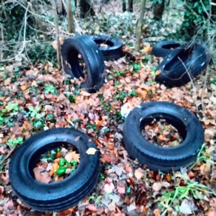 6 pneus usagés abandonnés au bord d'une route forestière 