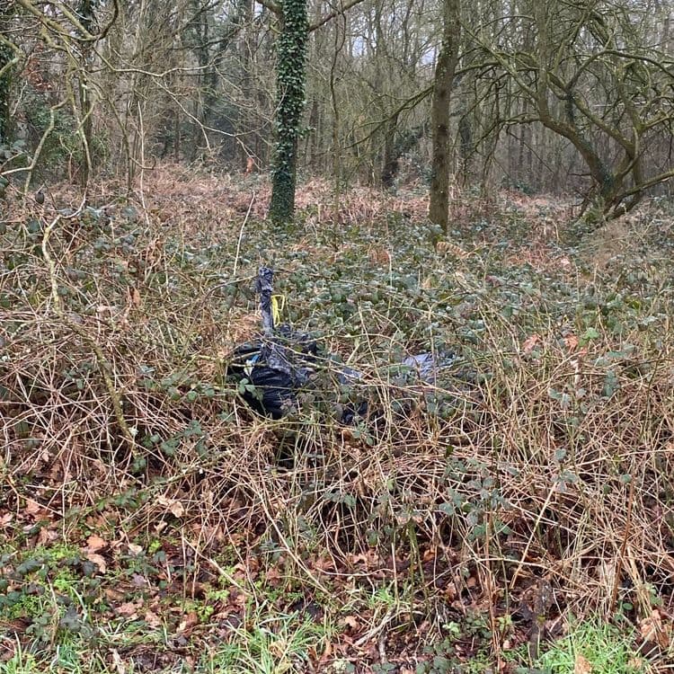 Monsieur le Maire,

Voici un relevé des déchets visibles sur la photographie :

Il s'agit principalement de plusieurs sacs poubelles noirs, apparemment contenant des déchets ménagers.  Estimant le volume de chaque sac à environ 60 litres et la densité moyenne des ordures ménagères à 100 kg/m³, on peut estimer le poids de chaque sac à environ 6 kg.  La photo semble montrer au moins deux sacs, soit un poids total estimé à 12 kg de déchets ménagers.  Il est possible que d'autres déchets soient cachés sous les branches ou dans les sacs, rendant cette estimation un minimum.
