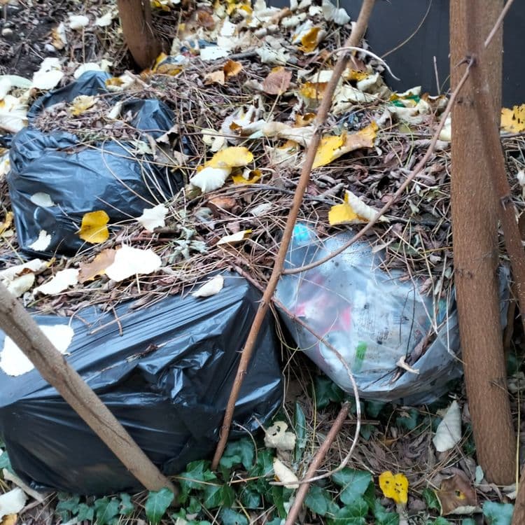 Sacs poubelles et gaines de câbles électriques abandonnés en contrebas d'une autoroute 
