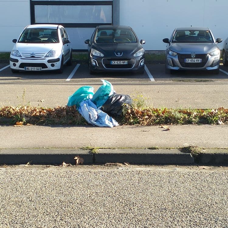 Sacs poubelles avec déchets divers abandonnés sur un parking de magasin 
