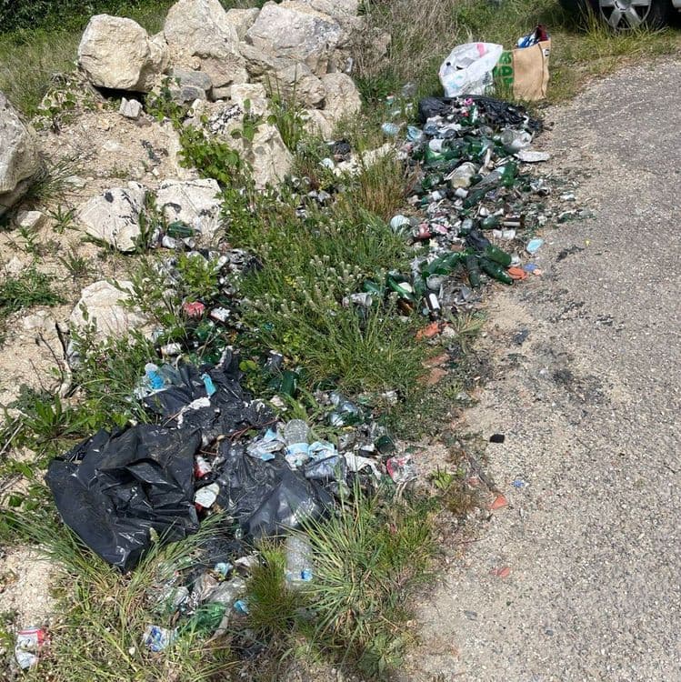 Voici une estimation des déchets présents sur l'image :

*   **Sacs poubelles noirs :** Contenu non visible, estimation : 10 kg, quantité : 2 sacs.
*   **Bouteilles en verre (vertes, transparentes, marron) :** 15 kg, environ 50 bouteilles.
*   **Canettes en aluminium :** 3 kg, environ 40 canettes.
*   **Emballages plastiques divers (bouteilles d'eau, films plastiques, barquettes) :** 5 kg, environ 100 pièces.
*   **Déchets divers (papier, carton, textiles) :** 2 kg.

**Poids total estimé :** 35 kg.
