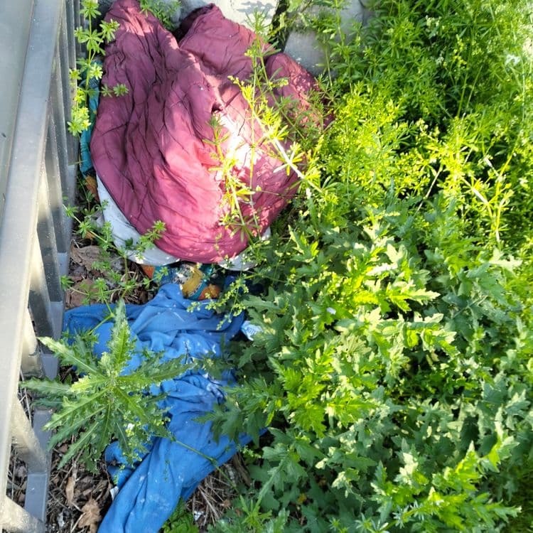 Vêtements et déchets divers abandonnés au bord d'une piste cyclable 