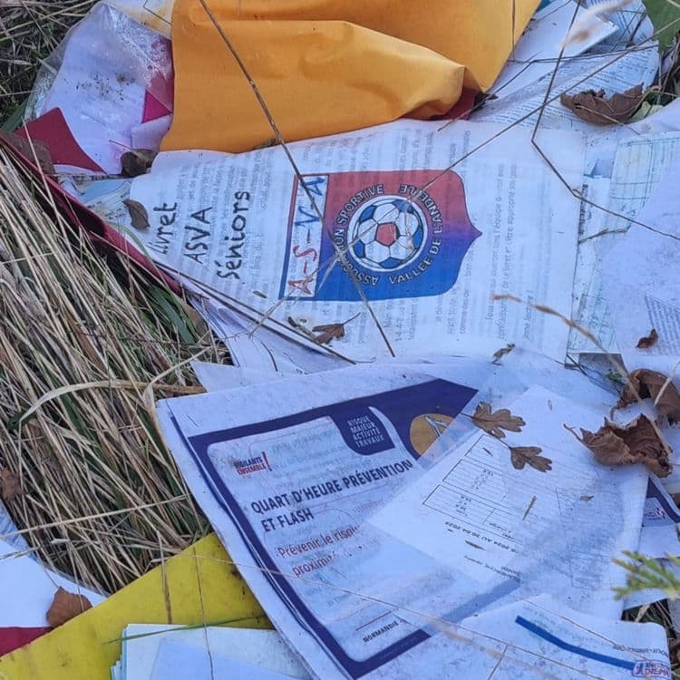 Plusieurs sacs poubelle contenant des tontes de haies.
Et divers déchets papiers provenant d'une association (ASVA: ASSOCIATION SPORTIVE VALLÉE DE L'ANDELLE. )