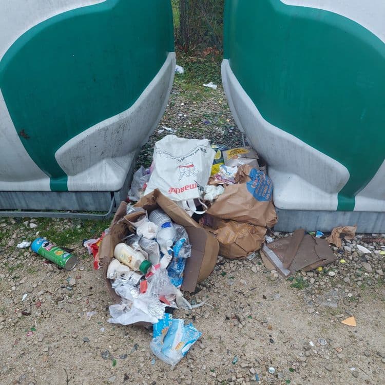 Dépôt cartons déchets divers devant borne à verre