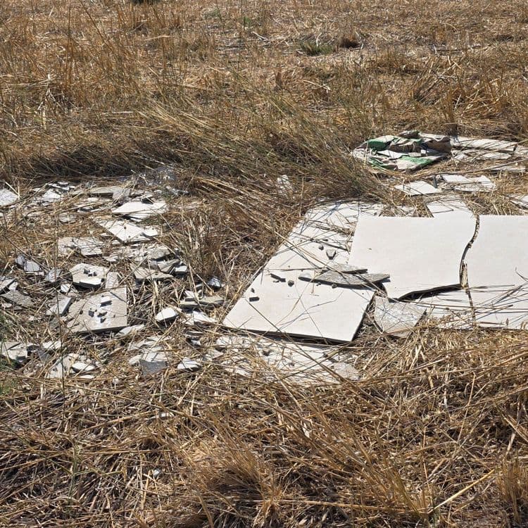 Voici le relevé des déchets abandonnés sur le site :

*   **Déchets verts :** Un amas de feuilles de palmier séchées, estimé à environ 8 kilogrammes. Il s'agit de plusieurs grandes palmes et de leurs fragments.
*   **Plastiques :** Un seau en plastique noir d'environ 1,5 kilogramme, accompagné de plusieurs sacs et emballages plastiques légers, pour un poids total de 0,5 kilogramme pour ces derniers.
*   **Cartons et papiers :** Un ou deux cartons aplatis, pesant environ 0,5 kilogramme.
*   **Métaux :** Au moins une canette en aluminium, représentant un poids négligeable d'environ 0,1 kilogramme.
*   **Gravats et débris de construction :** Une étendue de carreaux de céramique cassés, incluant quelques dalles plus grandes et de nombreux fragments. Le poids estimé pour cet ensemble est d'environ 70 kilogrammes.
