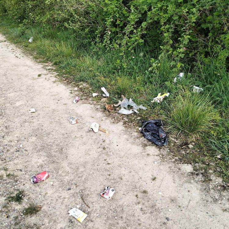 Déchets divers abandonnés sur un chemin au milieu des champs 