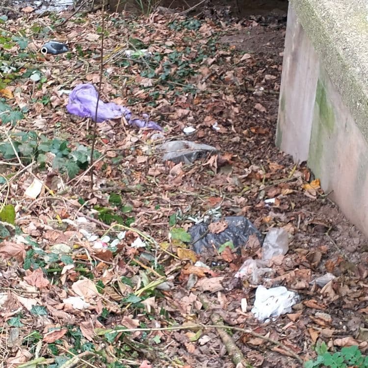 Pneus usagés et déchets divers au bord d'une rivière 
