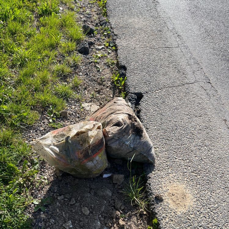 Voici l'analyse des déchets présents sur l'image :

Deux sacs de déchets de jardin sont visibles. Ces sacs semblent contenir de la terre et des résidus végétaux. Le poids estimé est d'environ 20 kg par sac, pour un total de 40 kg. 
