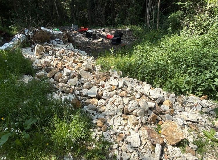 Voici une estimation des déchets présents sur le site :

*   **Débris de construction/démolition :** Il y a une quantité importante de gravats, probablement issus de travaux de construction ou de démolition. On peut estimer le poids de ces débris à environ 500 kg.
*   **Déchets divers :** On aperçoit également divers objets tels que des éléments de mobilier (structure, armature), des déchets verts (branches séchées), de l'électronique (carcasses d'appareil). On peut estimer le poids de cet ensemble à environ 50 kg.
*   **Objets divers :** On remarque des objets tel que des caisses en plastique, de l'électroménager, des débris divers qui semble en ferraille. On peut estimer le poids de cet ensemble à environ 100 kg.