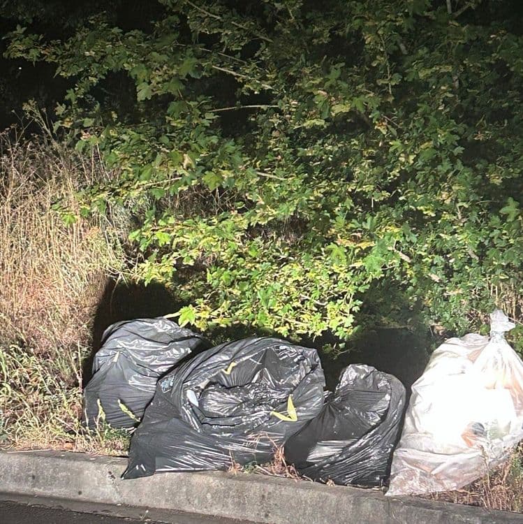 4 sacs poubelle pleins de déchets visiblement alimentaires, situé dans une impasse proche d’un petit bois.