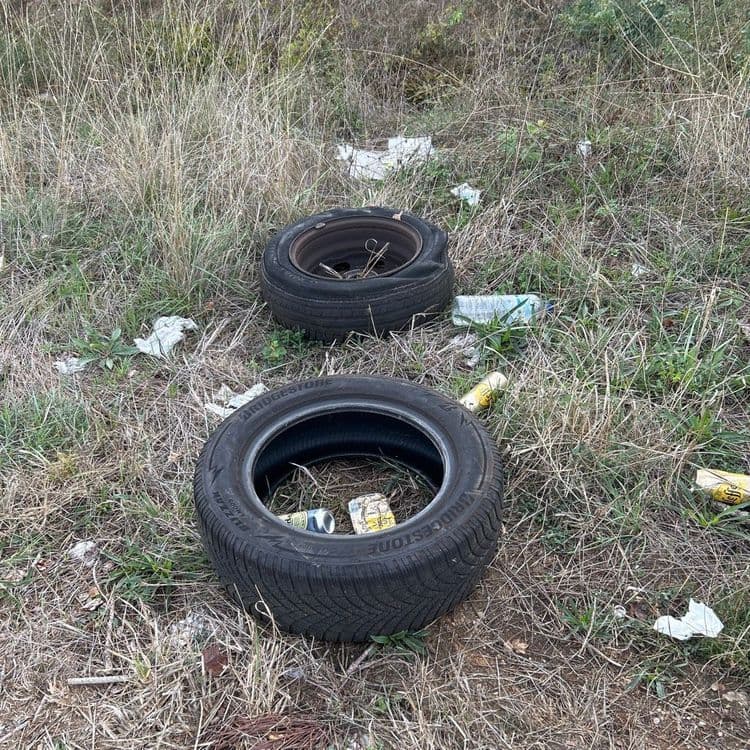 Voici le relevé des déchets abandonnés sur le site :

*   **Pneus de véhicule :** 2 unités, pour un poids estimé à 30 kilogrammes.
*   **Canettes en aluminium :** 5 unités, pour un poids estimé à 0,1 kilogramme.
*   **Bouteille en plastique :** 1 unité, pour un poids estimé à 0,05 kilogramme.
*   **Débris plastiques (sacs, emballages) :** 4 unités, pour un poids estimé à 0,02 kilogramme. 