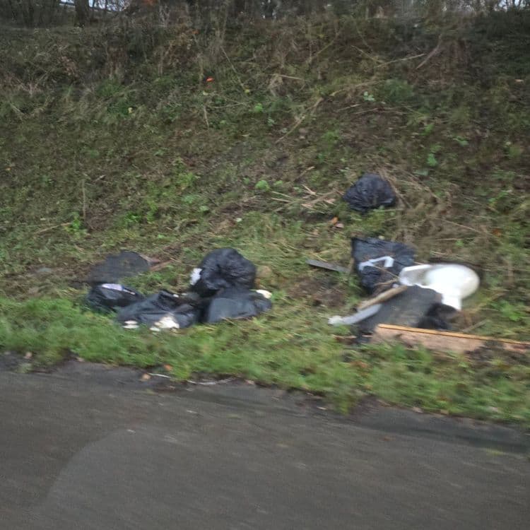 Décharge sauvage de chantier le long de la route.
