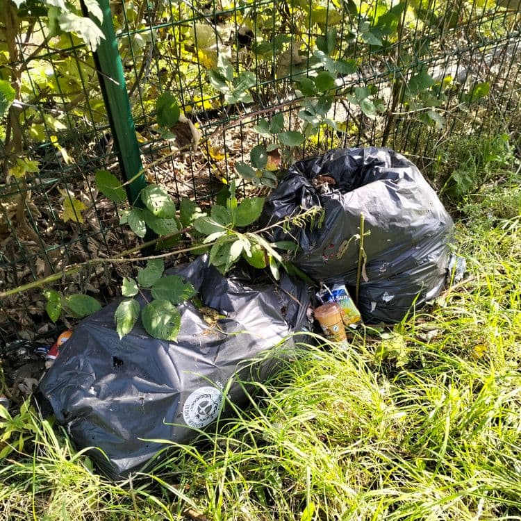 Plusieurs sacs poubelles entre la piste cyclable et la voie ferrée 