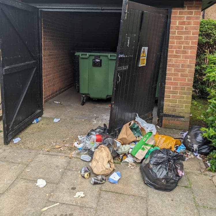 This happens every week.

The rubbish is collected on Wednesday, the groundsmen who work for the management company clean up the mess and by Wednesday evening there's rubbish outside

The management company recently put a lock on the door as people from the houses 62-70 Glenville grove were using the bins despite not being allowed to. The communal bin is for the 2 blocks of flats.

As the residents of the houses (62-70 Glenville) do not have access to the code for the lock, they leave their rubbish outside. Foxes and the elements get to the rubbish and before you know it there's rubbish EVERYWHERE until Wednesday, when the poor chaps have to clean up after these people AGAIN. 

Use your own bins.
