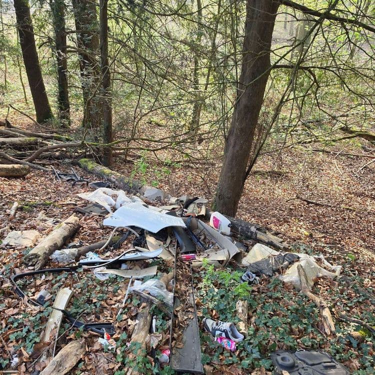 Voici une estimation des déchets présents sur le site :

*   **Pièces automobiles:** Divers éléments de carrosserie (aile, pare-chocs, etc.) et des pièces mécaniques. Estimation : 30 kg, plusieurs pièces.
*   **Plastiques:** Débris de toutes sortes, films plastiques, emballages. Estimation : 10 kg, grande quantité.
*   **Textiles:** Une chaussure. Estimation : 0.5 kg, une unité.
*   **Déchets divers:** Boissons, divers. Estimation : 2 kg, petite quantité.