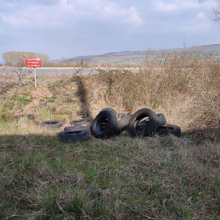 Voici l'analyse des déchets présents sur l'image :

On observe un dépôt sauvage de pneus usagés. L'image révèle la présence d'environ 10 pneus de voiture, dont une partie est regroupée en un tas. Le poids moyen d'un pneu de voiture se situe entre 7 et 10 kg. Par conséquent, le poids total estimé des pneus présents sur le site se situe entre 70 et 100 kg.

