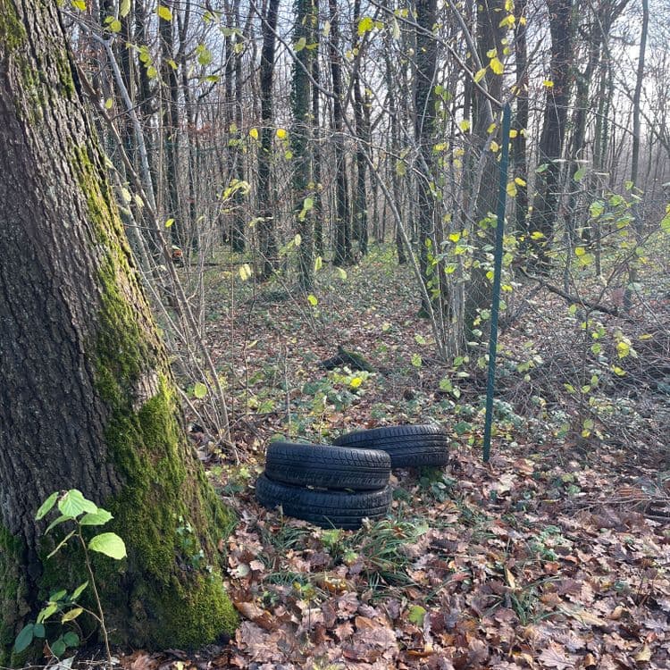Pneus au bord de la route + divers déchets 
