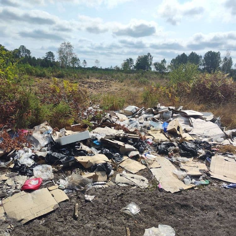 Les déchets abandonnés sur le site sont les suivants :

*   **Cartons et emballages en carton**
    *   Quantité : Environ 25 à 35 pièces, principalement des cartons d'emballage aplatis de diverses tailles.
    *   Poids estimé : Entre 25 et 35 kilogrammes.

*   **Sacs poubelles noirs**
    *   Quantité : Environ 5 à 8 sacs, dont certains sont déchirés et laissent apparaître leur contenu.
    *   Poids estimé : Entre 30 et 60 kilogrammes.

*   **Plastiques divers**
    *   Quantité : Une quinzaine de bouteilles en plastique, de nombreux emballages souples (films, sacs), un bidon en plastique rouge et plusieurs fragments de polystyrène.
    *   Poids estimé : Entre 5 et 10 kilogrammes.

*   **Déchets ménagers en vrac**
    *   Quantité : Une masse significative de petits déchets non emballés, mélangés aux autres matériaux.
    *   Poids estimé : Entre 30 et 50 kilogrammes.

*   **Débris végétaux**
    *   Quantité : Quelques branches et feuilles mortes, dispersées parmi les autres déchets.
    *   Poids estimé : Entre 5 et 10 kilogrammes.