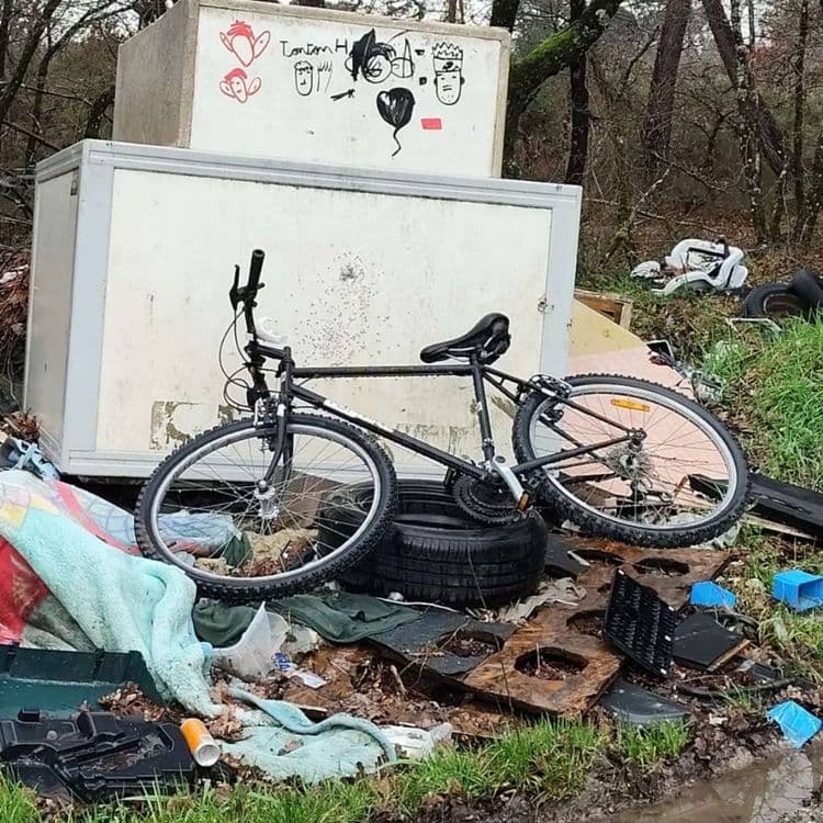 Déchets divers en très grand nombre, allant du simple carton au gros électroménager. Sur une distance d'environ 300m. Ils couvrent les deux côtés de la voie sur une grande largeur et une bonne hauteur. Il y a également présence de liquides divers.