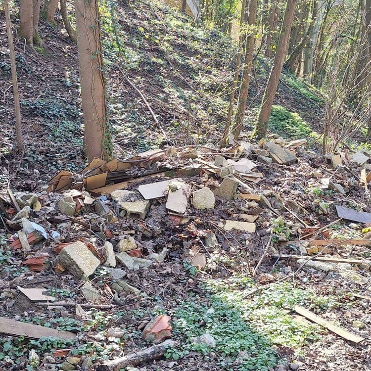 Voici l'analyse des déchets présents sur l'image :

*   **Gravats et débris de construction** : On observe une quantité importante de morceaux de béton, de briques cassées, de tuiles et de pierres. Le poids total de ces gravats est estimé à environ 150 kg. La quantité est d'environ une centaine de morceaux.

*   **Déchets de bois** : Des planches de bois, probablement issues de travaux de construction ou de démolition, sont présentes. Le poids total est estimé à environ 15 kg, et la quantité est d'une dizaine de morceaux.

*   **Carton** : Des morceaux de carton, possiblement provenant d'emballages, sont visibles. Le poids total est estimé à environ 5 kg, et la quantité est d'une dizaine de morceaux.

*   **Déchets divers** : On aperçoit également quelques déchets non identifiés, probablement des plastiques ou d'autres matériaux de construction. Le poids total est estimé à environ 3 kg, et la quantité est d'une dizaine de morceaux.

