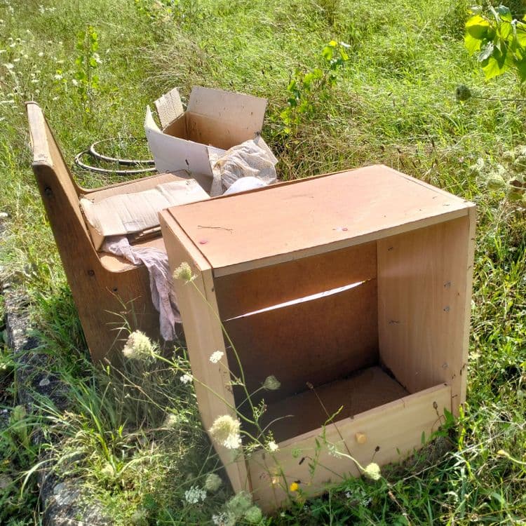 Mobilier, déchets divers au bord d'une route sur un campus universitaire 
