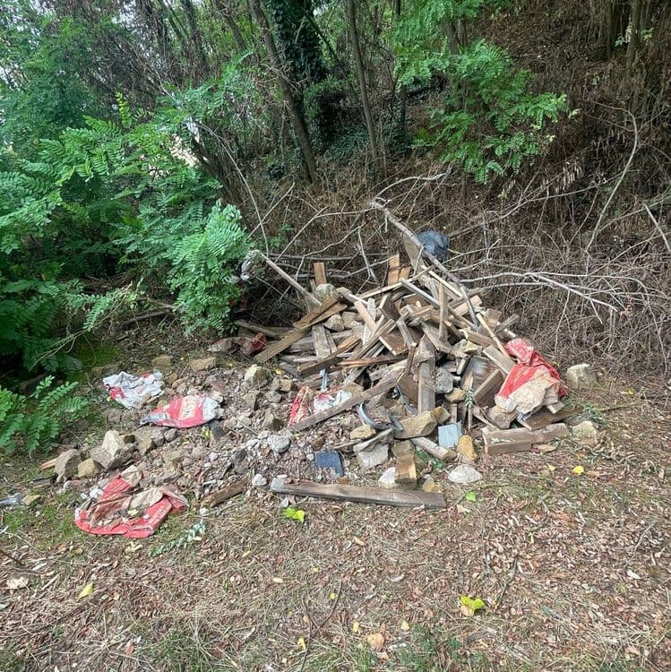 Les déchets abandonnés sont composés de plusieurs catégories :

*   **Bois de démolition et chutes de bois :** Une cinquantaine de pièces de différentes tailles, incluant des planches et des tasseaux. Le poids estimé est d'environ 70 kilogrammes.
*   **Gravats et débris de construction :** Plusieurs dizaines de morceaux, allant de petites pierres à des blocs de taille moyenne, principalement du béton et des roches. Le poids estimé est d'environ 150 kilogrammes.
*   **Sacs plastiques :** On dénombre 4 sacs éventrés, ressemblant à des sacs de ciment ou de mortier, ainsi qu'un sac poubelle noir. Le poids estimé pour l'ensemble est d'environ 5 kilogrammes.