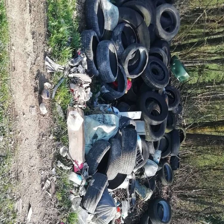  beaucoup de pneus de voiture, des vêtements, des jouets, de la ferraille, des poches noires. Voir la photo 