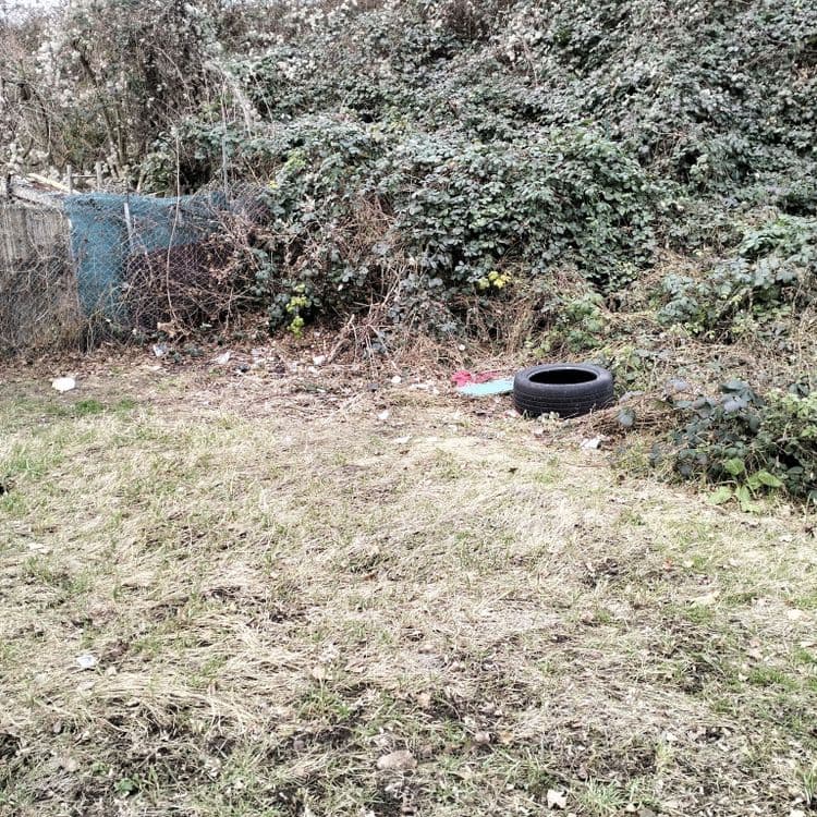 Pneu usagé et déchets divers abandonnés à proximité de jardins ouvriers 