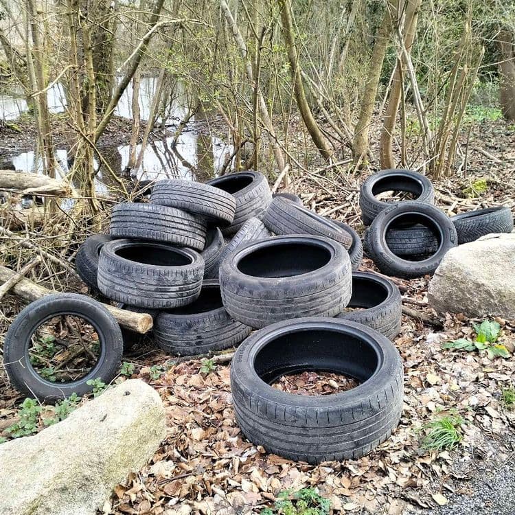 Nombreux pneus usagés abandonnés au bord d'une route et d'un ruisseau en forêt 