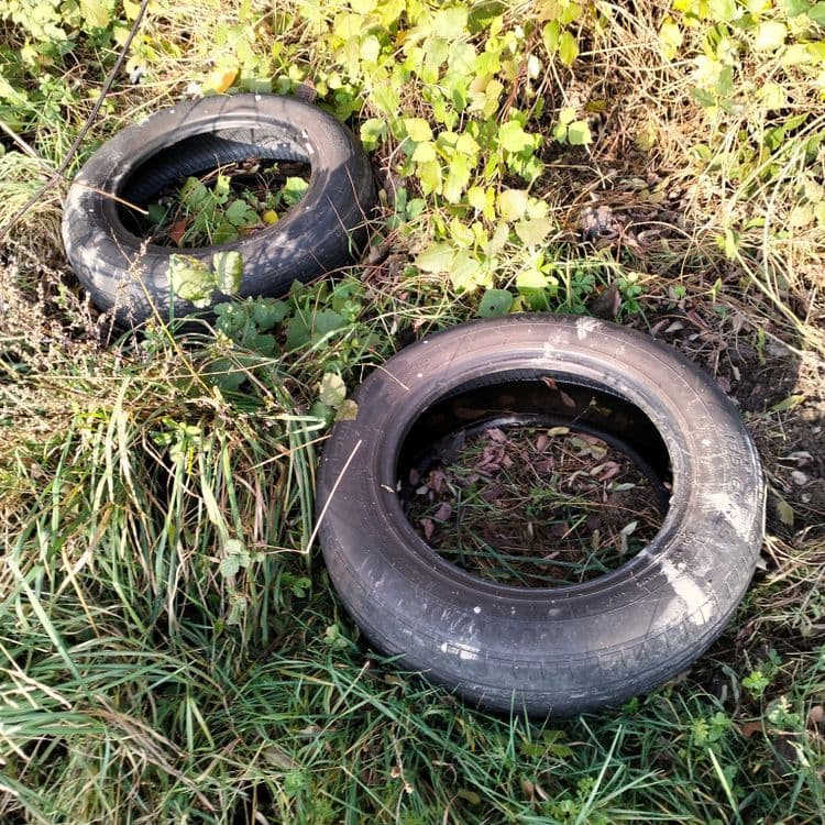Deux pneus usagés et un sac plastique abandonnés sur un chemin au bord de la forêt 