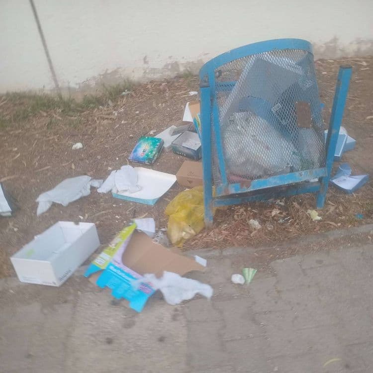 Corbeille en mauvais état et déchets dispersés 