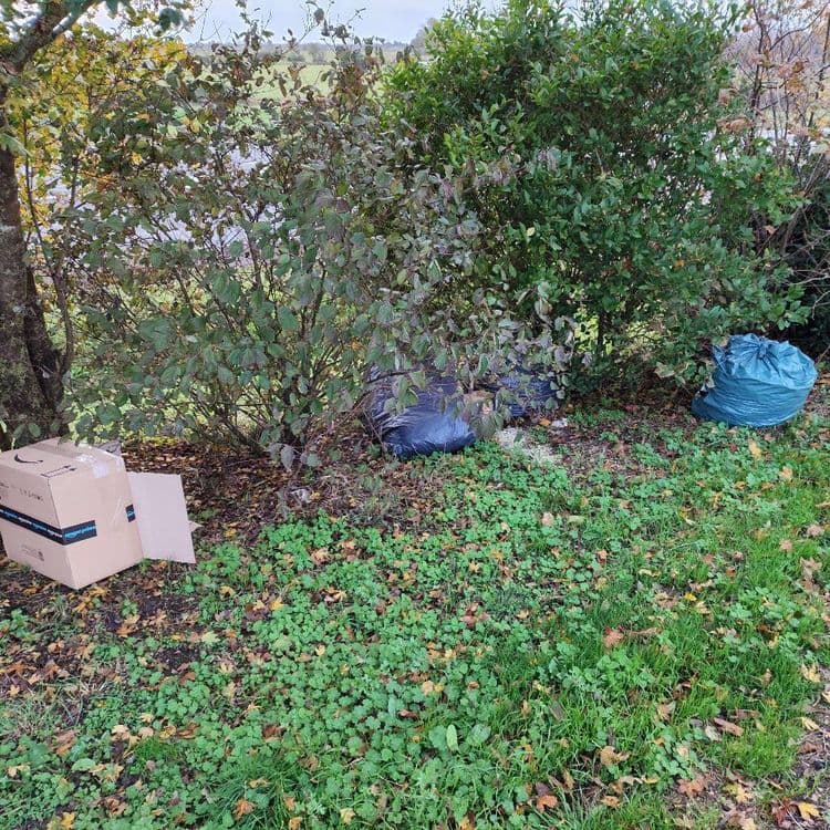 Dépôt de sac de déchets verts, carton et pneus.