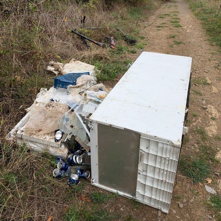 Frigo contenant des dechets alimentaires en putrefaction ainsi que deux trotinettes éléctriques rouillées
