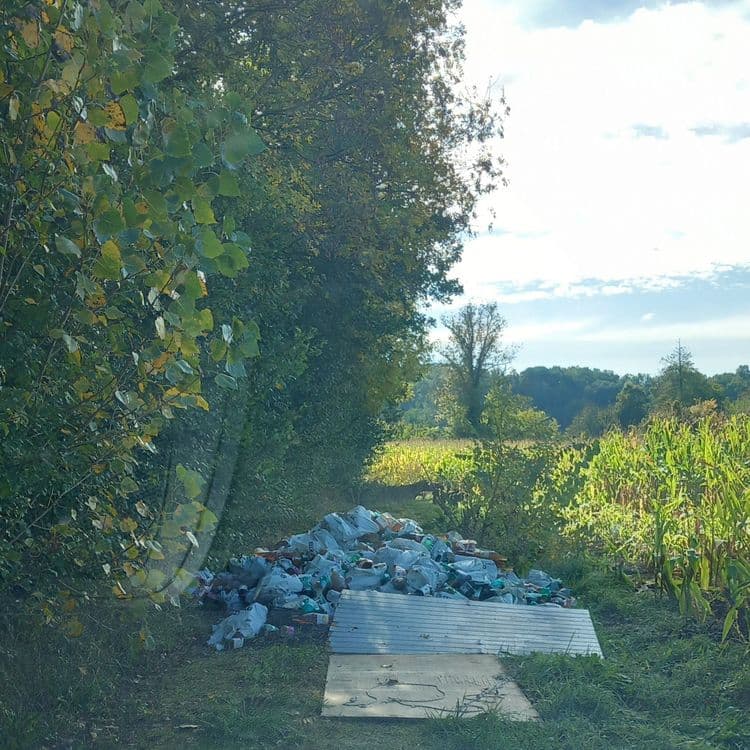 Juste après le chemin qui mène à ce lac déchargé sauvage remplie de poche et bouteille 