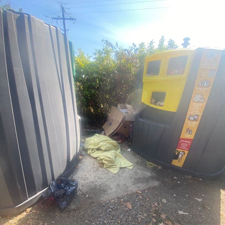 Voici une évaluation des déchets présents sur les images, destinée à faciliter leur enlèvement :

**Types de déchets et estimations :**

*   **Cartons :** Présence de plusieurs cartons de différentes tailles, certains pliés, d'autres non. Le poids total estimé des cartons est d'environ 5 kg. Il y a environ 5 cartons visibles.
*   **Déchets ménagers en sac plastique :** Un sac plastique noir contenant des déchets ménagers est visible. Son poids est estimé à environ 3 kg.
*   **Textile (couverture/tissu) :** Une couverture ou un grand morceau de tissu est présent. Le poids estimé de ce textile est d'environ 1 kg.
*   **Déchets divers (petits emballages, polystyrène) :** Une variété de petits déchets, incluant des emballages divers et des morceaux de polystyrène, sont dispersés autour des conteneurs. Le poids total estimé de ces déchets est d'environ 5kg



