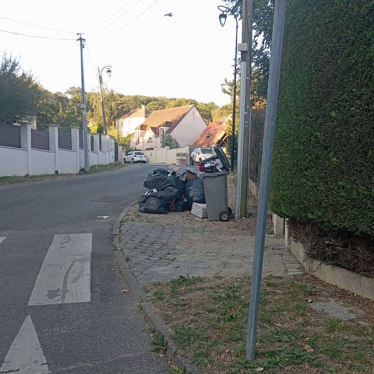 De nombreuses poubelles abandonnées devant une maison le lendemain du ramassage. Elle vont rester 1 semaine du coup et commencent a être percées par les animaux