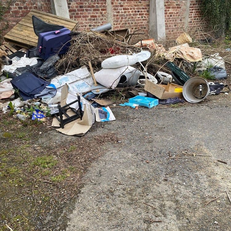 Voici une analyse des déchets présents sur l'image, incluant une estimation du poids et de la quantité par type de déchet :

*   **Déchets de bois:** Palettes, planches et morceaux divers. Le poids total est estimé à environ 30 kg, répartis sur une quantité d'environ 5 éléments distincts.
*   **Valises:** Deux valises de taille moyenne. Le poids total est estimé à environ 10 kg.
*   **Déchets textiles:** Vêtements, tissus divers, coussins et oreillers. Le poids total est estimé à environ 15 kg pour une quantité d'environ 8 éléments.
*   **Déchets d'ameublement:** Pied de chaise, morceaux de carton d'emballage. Le poids total est estimé à environ 5 kg.
*   **Déchets divers en plastique:** Boîtes, contenants divers. Le poids total est estimé à environ 3 kg, répartis sur une quantité d'environ 4 éléments.
*   **Déchets métalliques:** Abat-jour. Le poids total est estimé à environ 2 kg.
*   **Déchets végétaux:** Branches et autres résidus de jardinage. Le poids total est estimé à environ 8 kg.