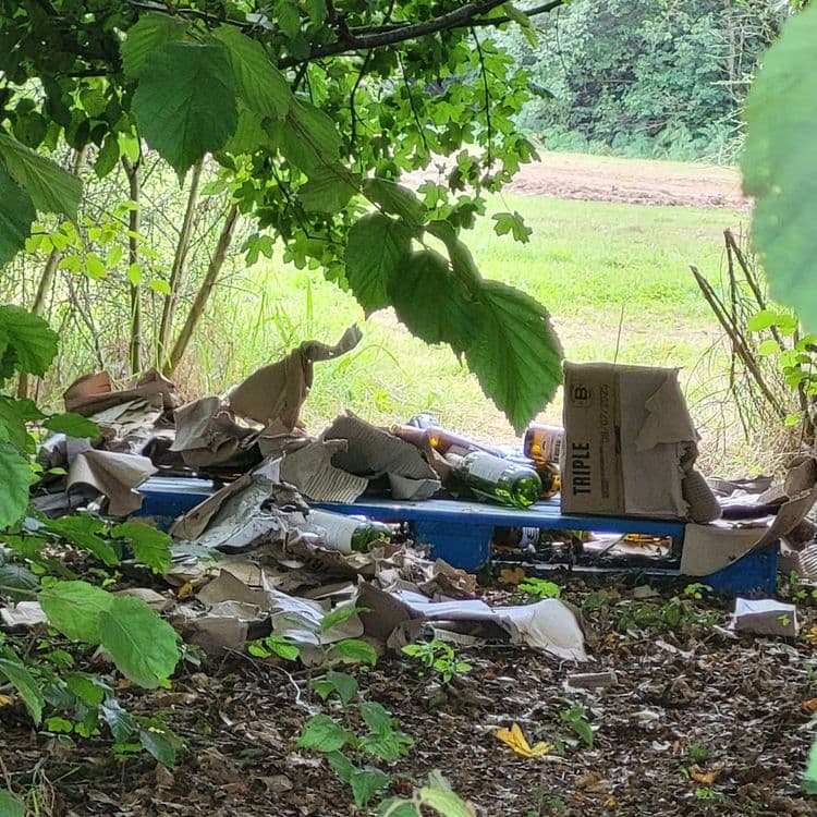 Bouteilles en verre, papier carton et palette devant un panorama du village de bertrix