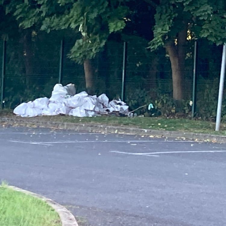 Voici l'analyse des déchets présents sur l'image :

On observe un amas de sacs blancs, probablement remplis de déchets divers. Leur nombre est estimé à une vingtaine. Le poids unitaire de chaque sac pourrait varier, mais une estimation raisonnable serait de 5 à 10 kg par sac, ce qui donnerait un poids total compris entre 100 et 200 kg pour l'ensemble des sacs.

On remarque également un sac vert solitaire, dont le contenu est indéterminé. Son poids est estimé à environ 2-5 kg.

En plus des sacs, il y a des détritus épars sur le sol, incluant ce qui semble être des branchages. Le poids de ces détritus est difficile à estimer précisément, mais on peut raisonnablement le situer entre 5 et 10 kg