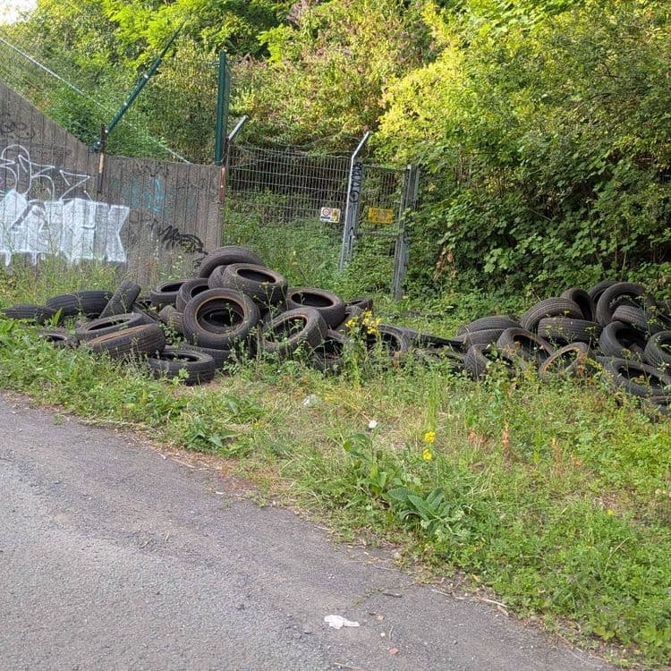Dépôt sauvage de pneus usagés.