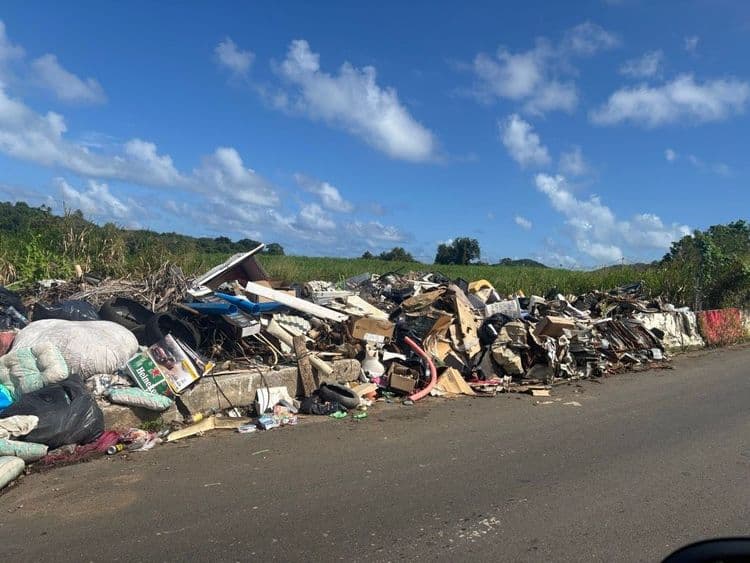 Suite à l'examen des photographies, voici une estimation des types, quantités et poids des déchets observés :


*   **Déchets encombrants divers :** On constate la présence de divers éléments tels que des meubles démontés, des éléments de literie (matelas, coussins), des appareils électroménagers hors d'usage (parties de réfrigérateur ou de lave-linge), et des déchets de construction (planches, morceaux de béton). L'estimation de la quantité de ces déchets est d'environ 10 m3, avec un poids total estimé à 500 kg.

*   **Déchets ménagers en sacs:** Plusieurs sacs poubelles noirs sont visibles, contenant vraisemblablement des déchets ménagers courants. On estime leur nombre à une dizaine de sacs, pour un poids total d'environ 100 kg.

*   **Déchets automobiles :** Des éléments de carrosserie automobile, potentiellement issus d'un véhicule accidenté ou mis hors service, sont présents. Ces éléments représentent un volume d'environ 2 m3 et un poids d'environ 150 kg.

*   **Déchets plastiques et emballages :** Une quantité significative de déchets plastiques (bouteilles, emballages divers) et de cartons est observée. Leur volume est estimé à 3 m3, pour un poids d'environ 50 kg. La présence de cartons de marque "Heineken" laisse penser qu'il y a du verre également.

*   **Divers :** Des objets divers tels que des pneus, des tuyaux en PVC, des textiles usagés et des papiers/journaux complètent l'amas de déchets. Leur volume est estimé à 1 m3, pour un poids d'environ 30 kg.

VHU vehicule rouge.

Il est important de noter que ces estimations sont basées sur une analyse visuelle et peuvent varier en fonction de la densité réelle des déchets. Une inspection plus approfondie sur site permettrait d'affiner ces chiffres.