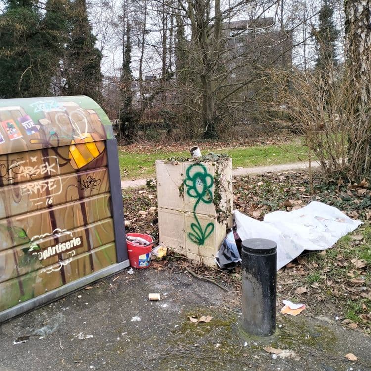 Déchets divers abandonnés à côté d'un container à verre 