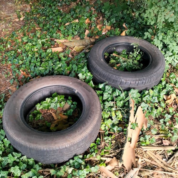 Deux pneus usagés au bord de la route 