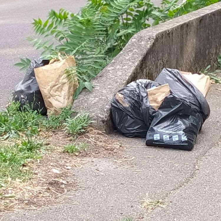 Sacs poubelles abandonnés au bord d'une piste cyclable 