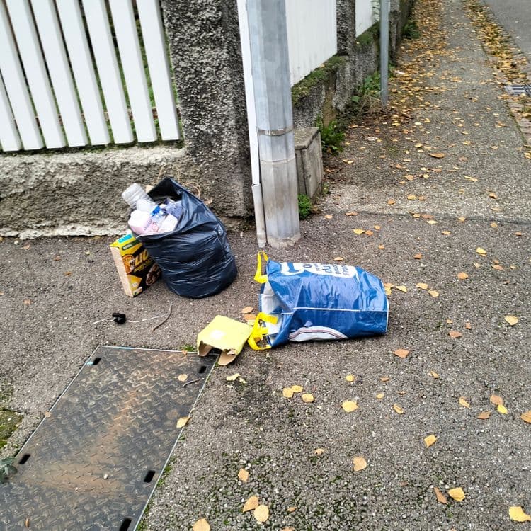Sacs poubelles sur le trottoir à proximité d'habitations