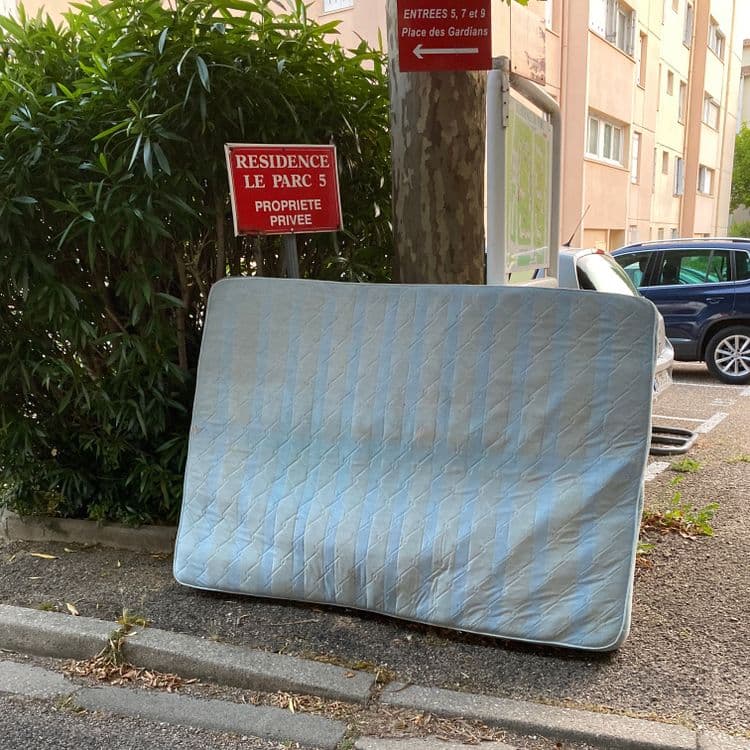 Sur la base de l'image fournie, voici une estimation des déchets présents :

Un matelas usagé est visible. Son poids estimé est d'environ 20 kilogrammes, étant donné qu'il s'agit d'un matelas simple. La quantité est de 1.
