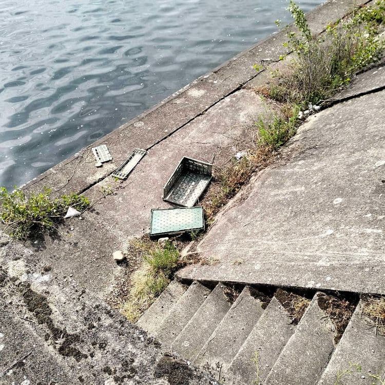 Caisse plastique abandonnée au bord d'une darse dans le port autonome de Strasbourg 