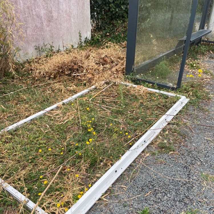 Voici l'analyse des déchets présents sur l'image :

*   **Débris végétaux:** Une quantité importante de feuilles mortes et de branches est présente, estimée à environ 5 kilogrammes.

*   **Cadre de fenêtre/porte en PVC** : Un cadre blanc en PVC est visible, pesant probablement autour de 3 kilogrammes.

*   **Déchets divers liés au mobilier urbain** : Il y a des débris autour de l'abri bus, potentiellement des morceaux de verre brisé (moins de 1 kg) et d'autres petits éléments (moins de 0.5 kg).
