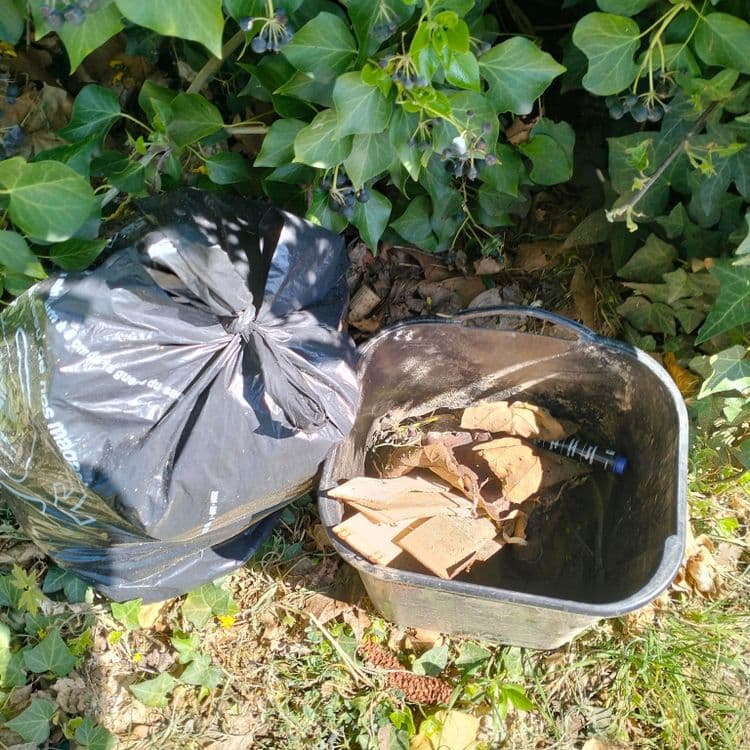 Déchets divers abandonnés à côté de jardins ouvriers et d'une piste cyclable 